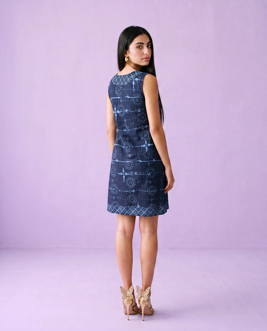 Navy Printed Cotton Midi Dress