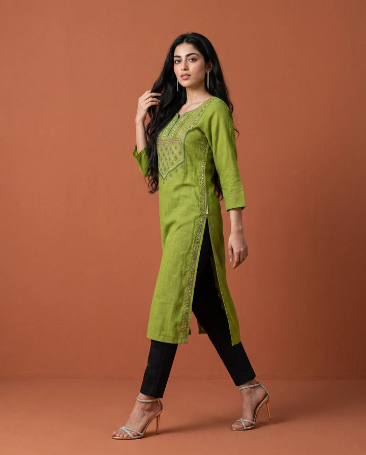 Green Embroidered Cotton Straight cut Long Kurta