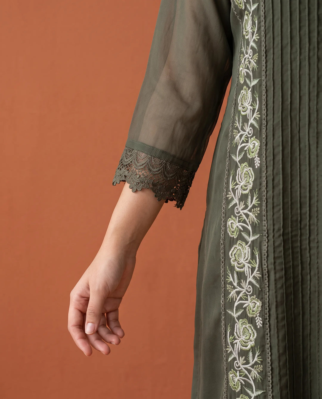 Olive Embroidered Georgette Straight cut Long Kurta