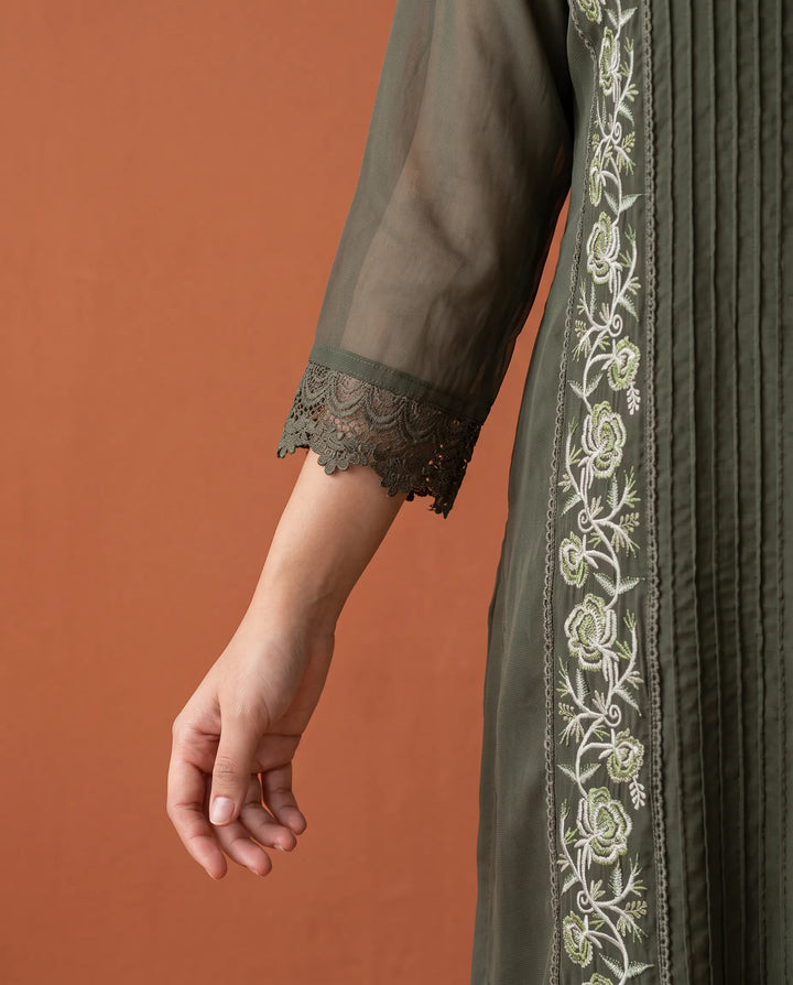 Olive Embroidered Georgette Straight cut Long Kurta