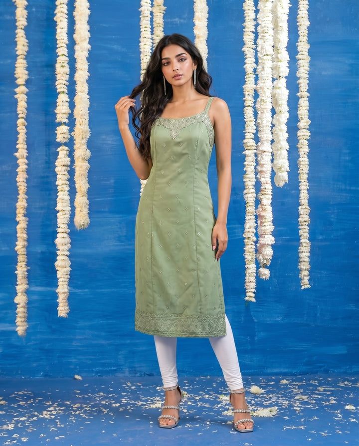 Green Embroidered Viscose Blended Spaghetti Strap Straight Cut Long Kurta