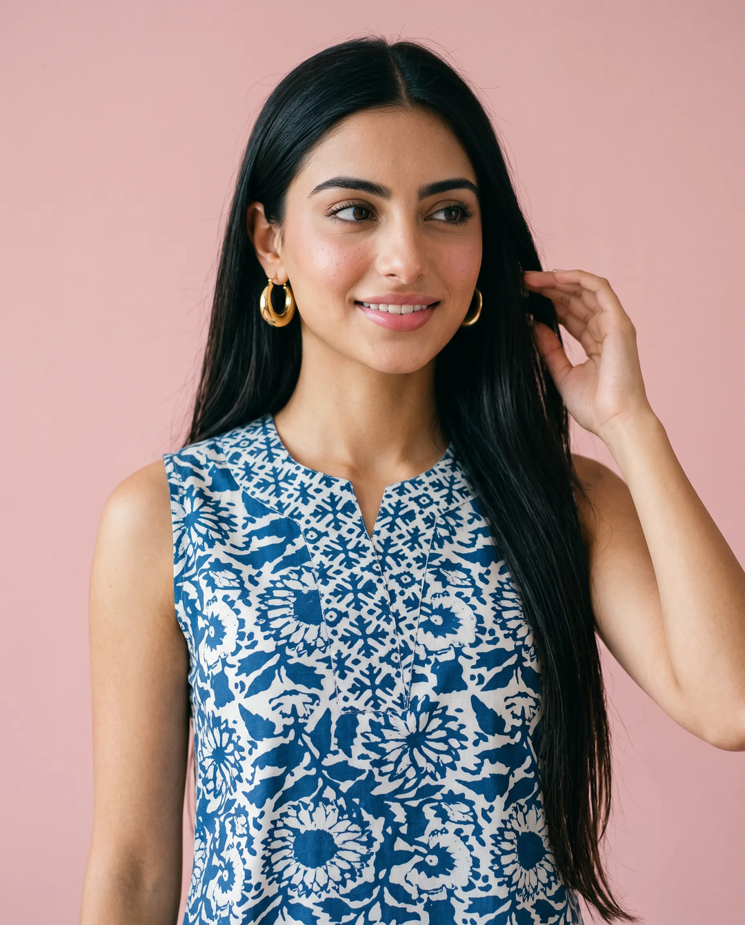 Blue Printed Pure Cotton Hand-Block Printed Midi Dress