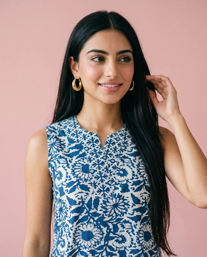 Blue Printed Pure Cotton Hand-Block Printed Midi Dress