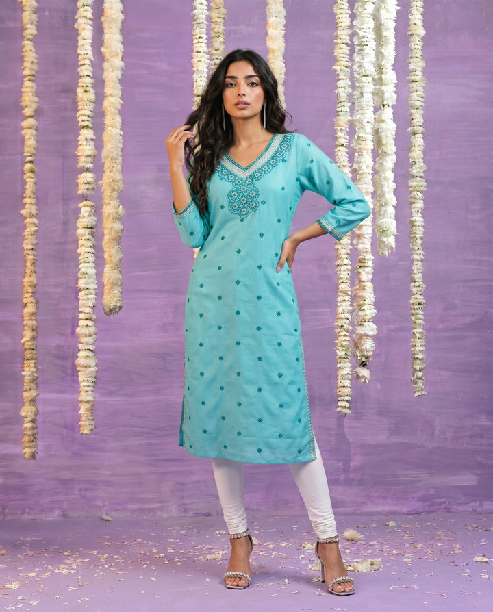 Sky Blue Embroidered Viscose Blended Straight cut Long Kurta