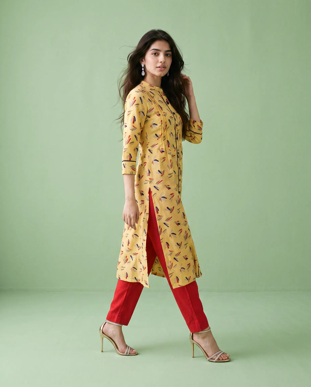 Yellow Printed Cotton Straight cut Long Kurta