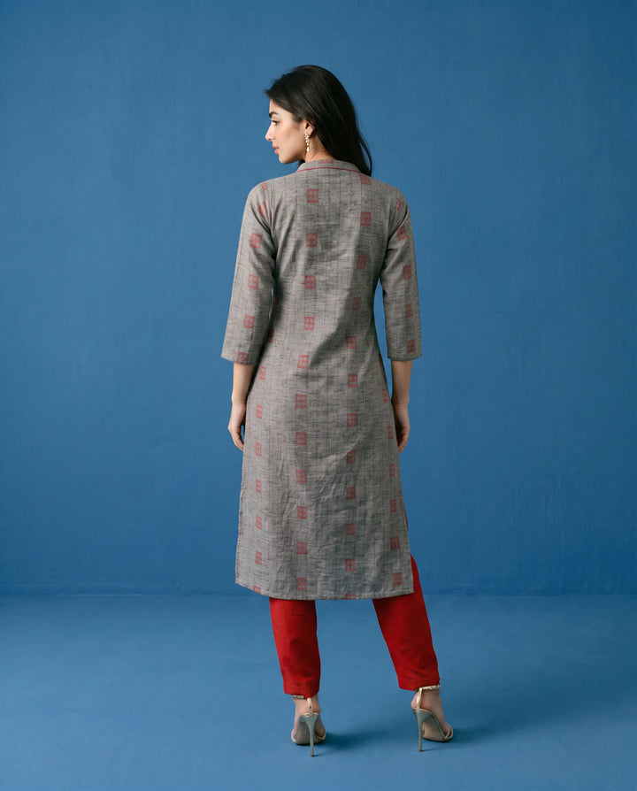 Grey Printed Cotton Straight cut Long Kurta