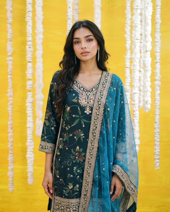 Teal Blue Embriodered Silk Blended Kurta Bottom Dupatta Set