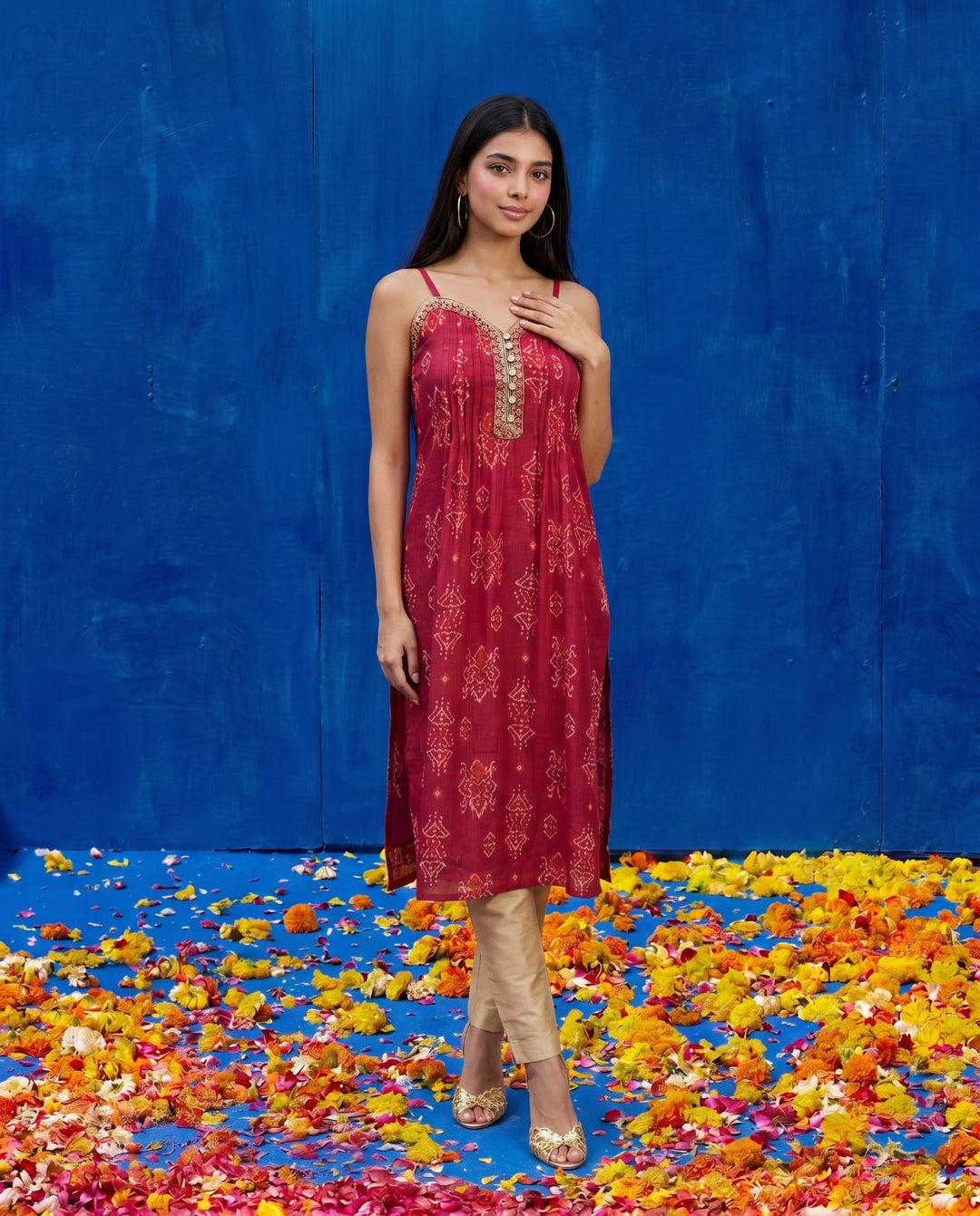 Magenta Embroidered Viscose Blended Spaghetti Strap A-Line Cut Long Kurta