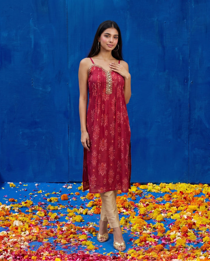 Magenta Embroidered Viscose Blended Spaghetti Strap A-Line Cut Long Kurta
