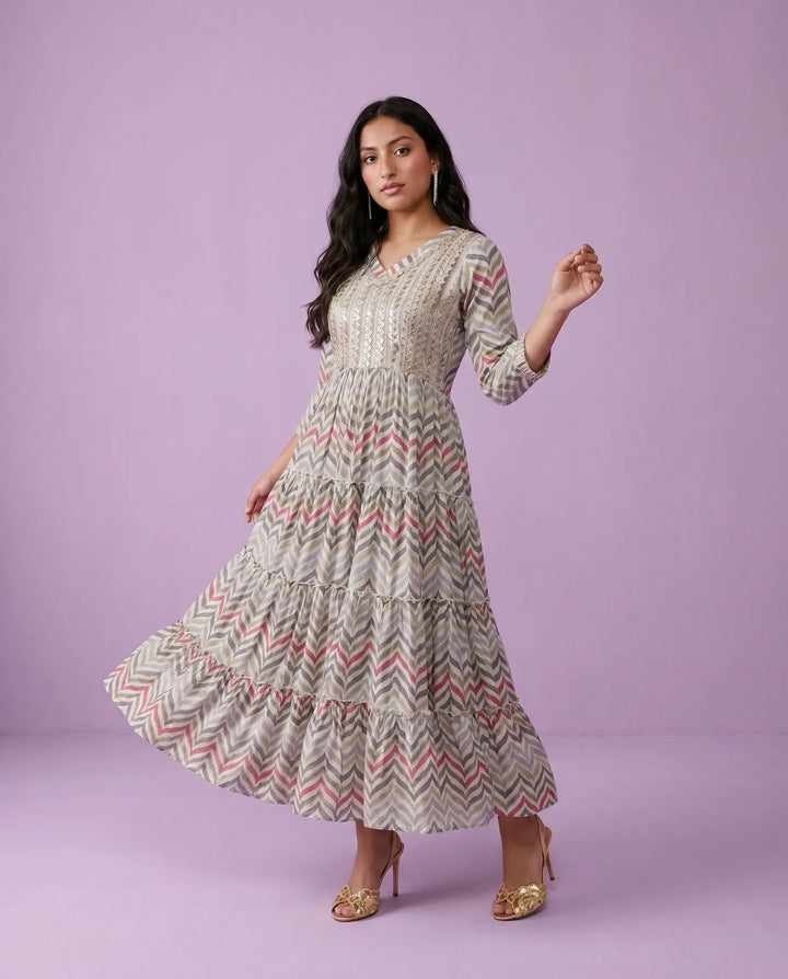 Multi Colour Embriodered Viscose Blended Maxi Dress