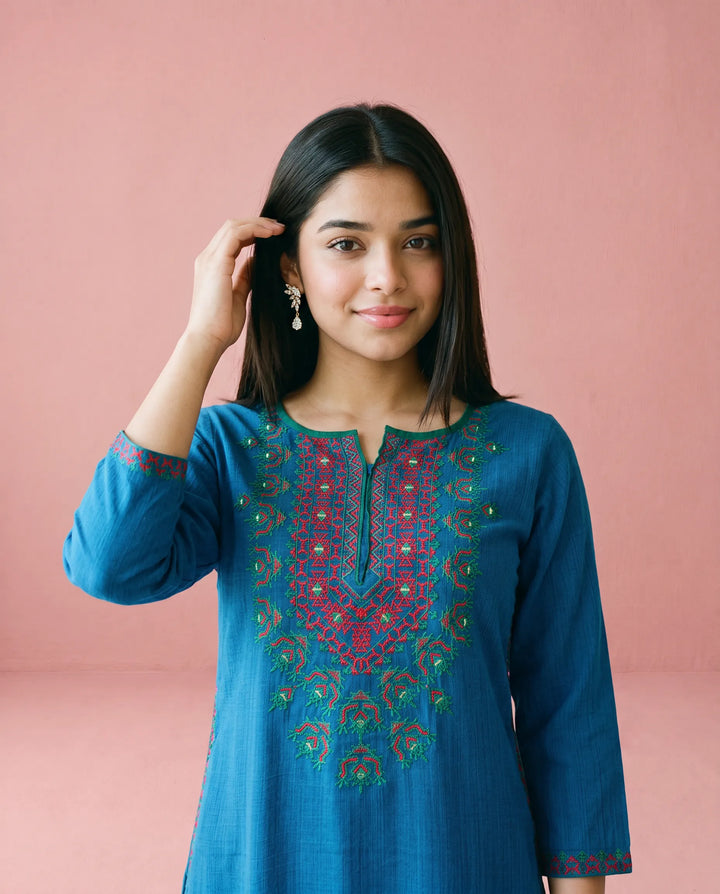 Navy Embroidered Cotton Straight cut Long Kurta