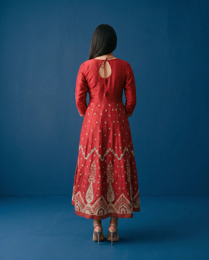 Maroon Embriodered Silk Blended Maxi Dress