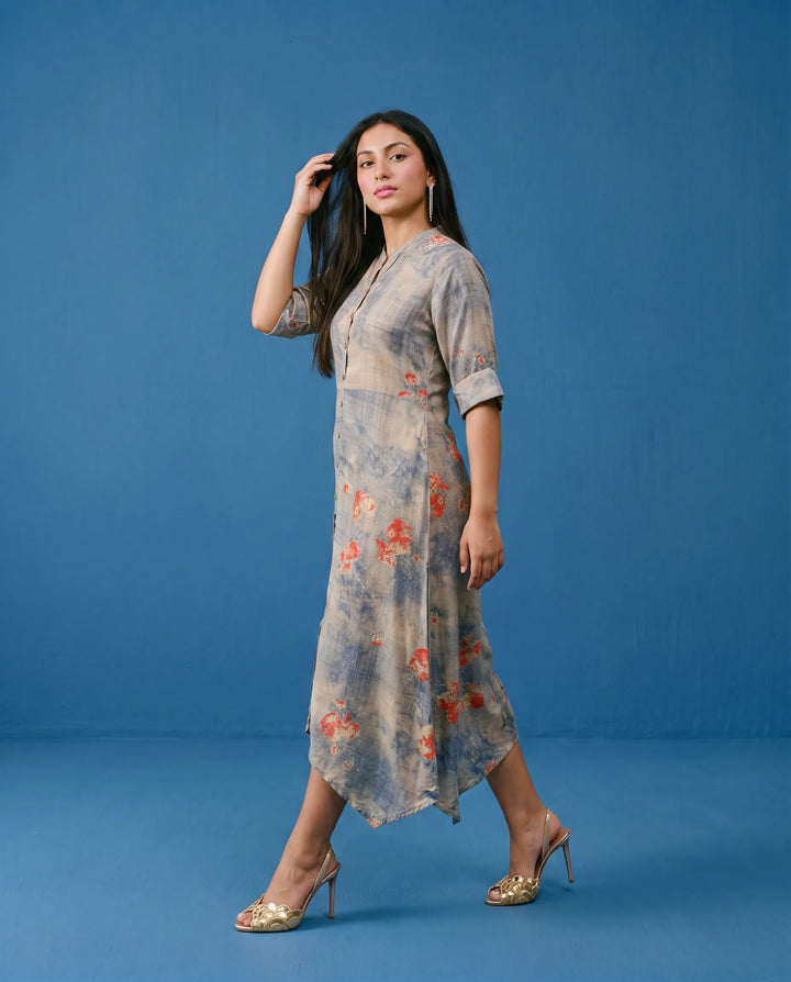 Grey Printed Rayon Maxi Dress