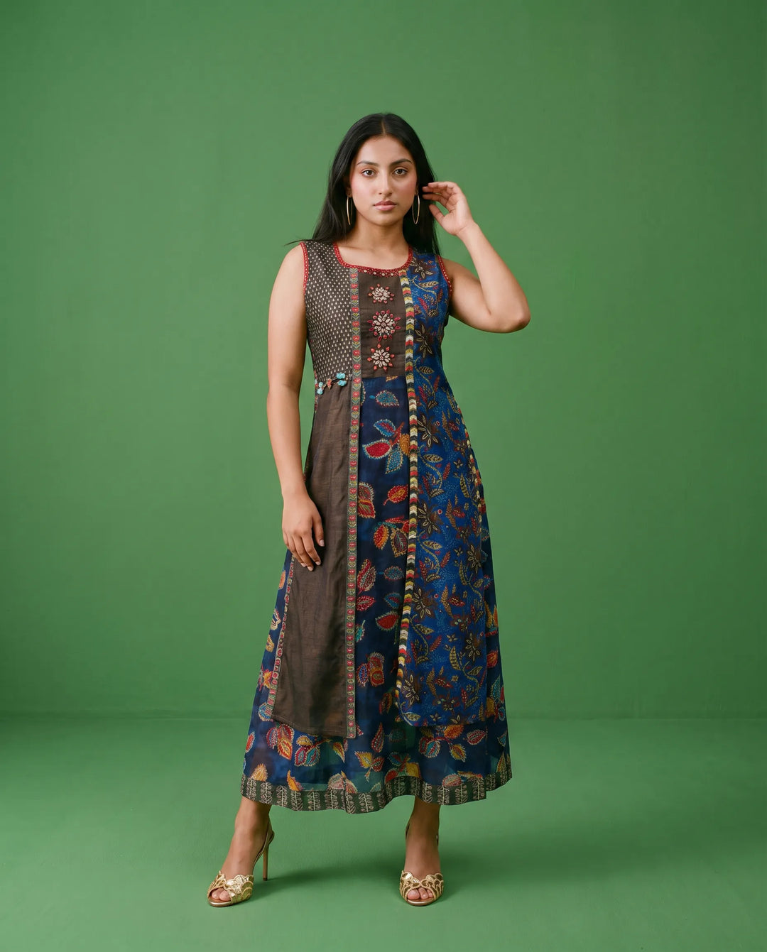 Navy Embriodered Viscose Blended Sleeveless Maxi Dress