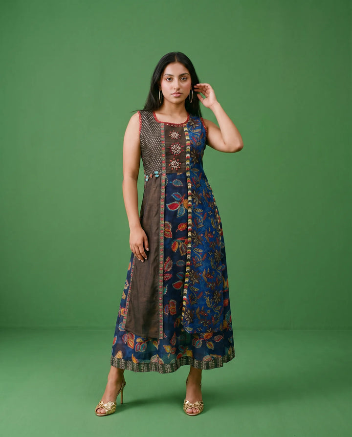 Navy Embriodered Viscose Blended Sleeveless Maxi Dress