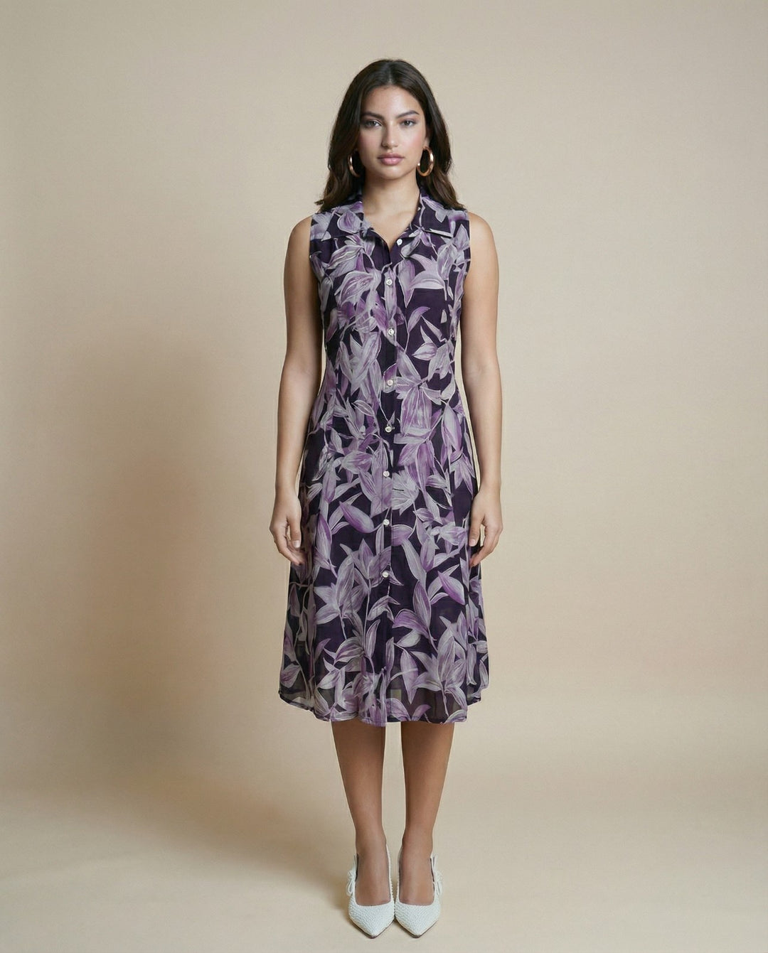 Purple Printed Viscose Blended Midi Dress