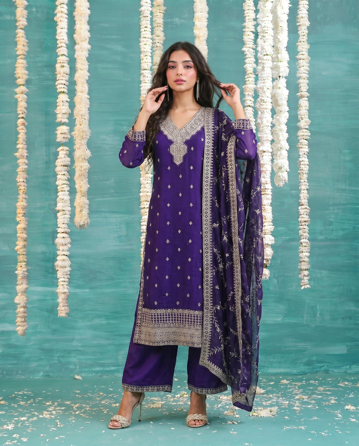 Purple Embriodered Silk Blended Kurta Bottom Dupatta Set