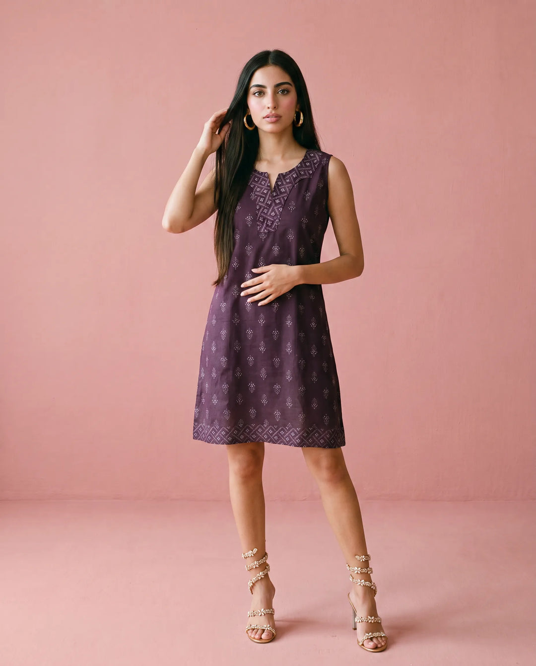 Purple Printed Cotton Midi Dress