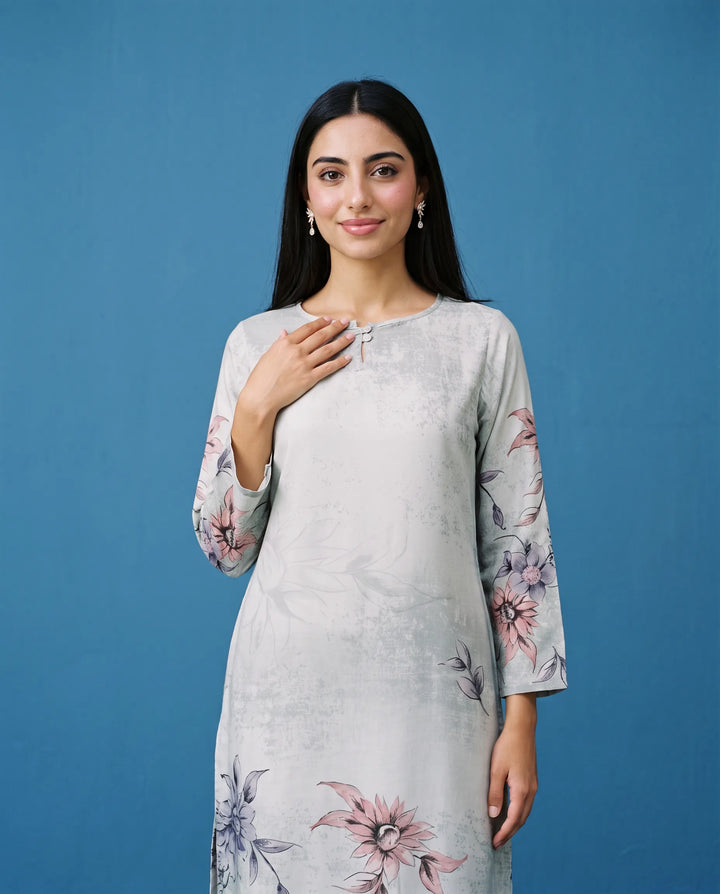 Grey Printed Crepe Silk Straight cut Long Kurta