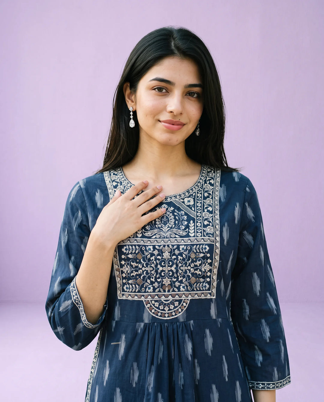 Navy Embroidered Cotton A- Line Long Kurta