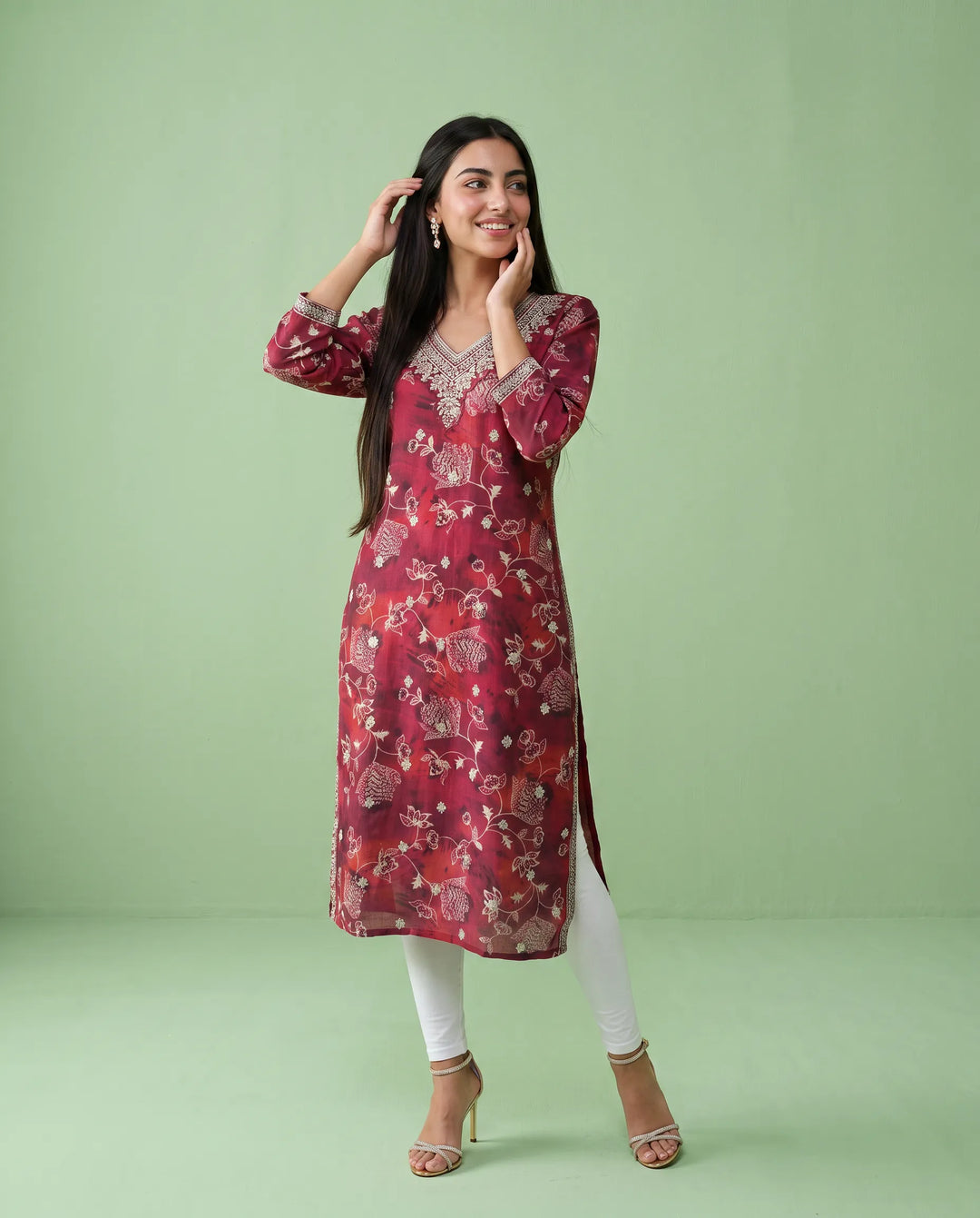 Maroon Embroidered Viscose Blended 3/4 Sleeves Straight Cut Long Kurta