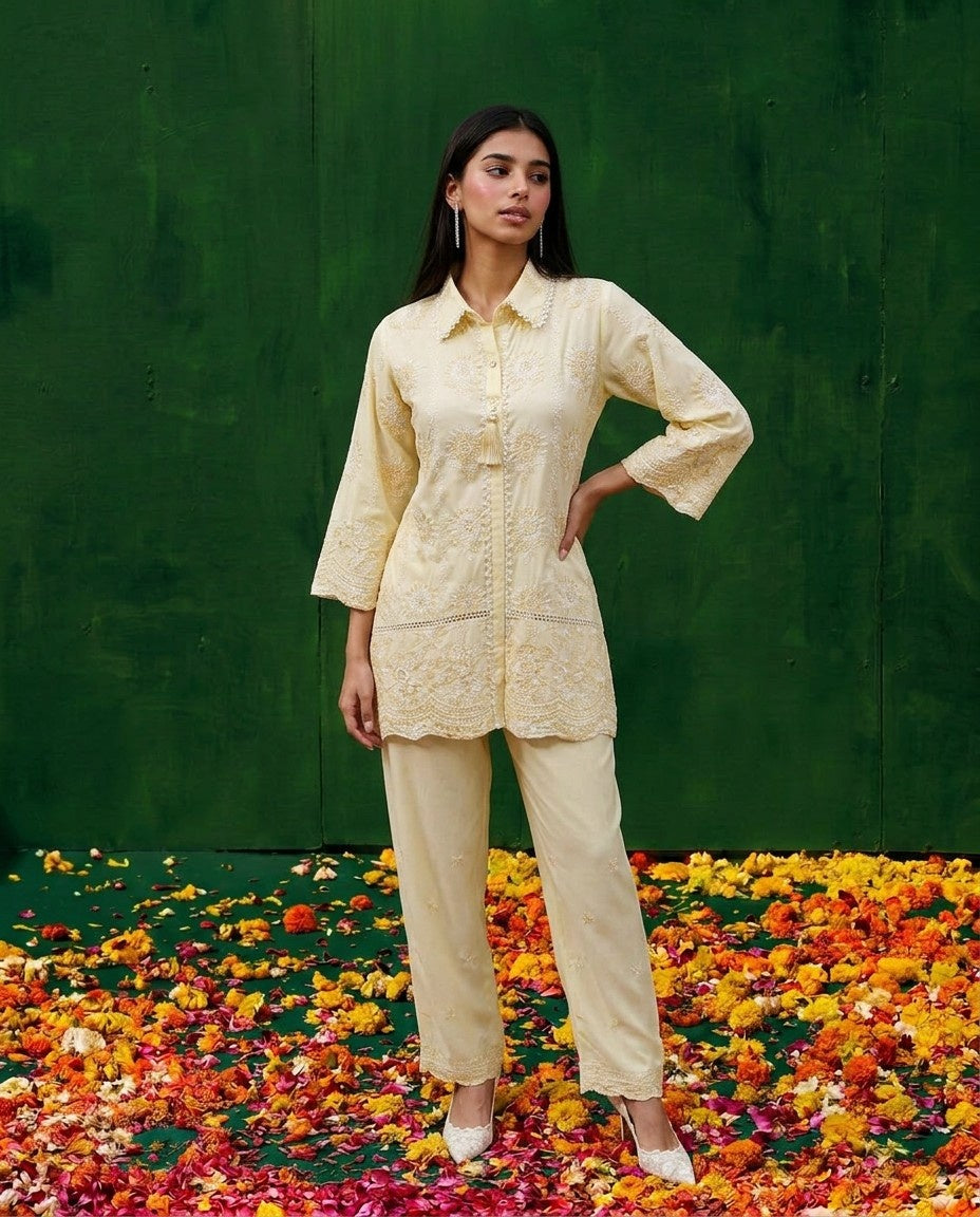 Yellow Embroidered Cotton Satin Co-Ord Set