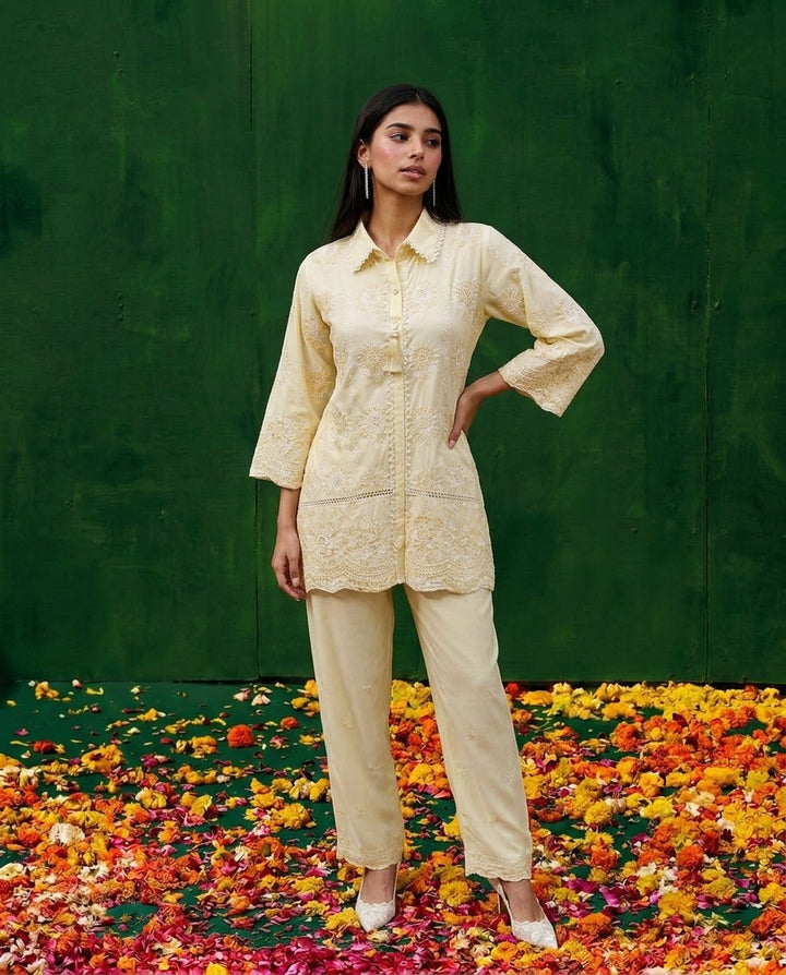Yellow Embroidered Cotton Satin Co-Ord Set