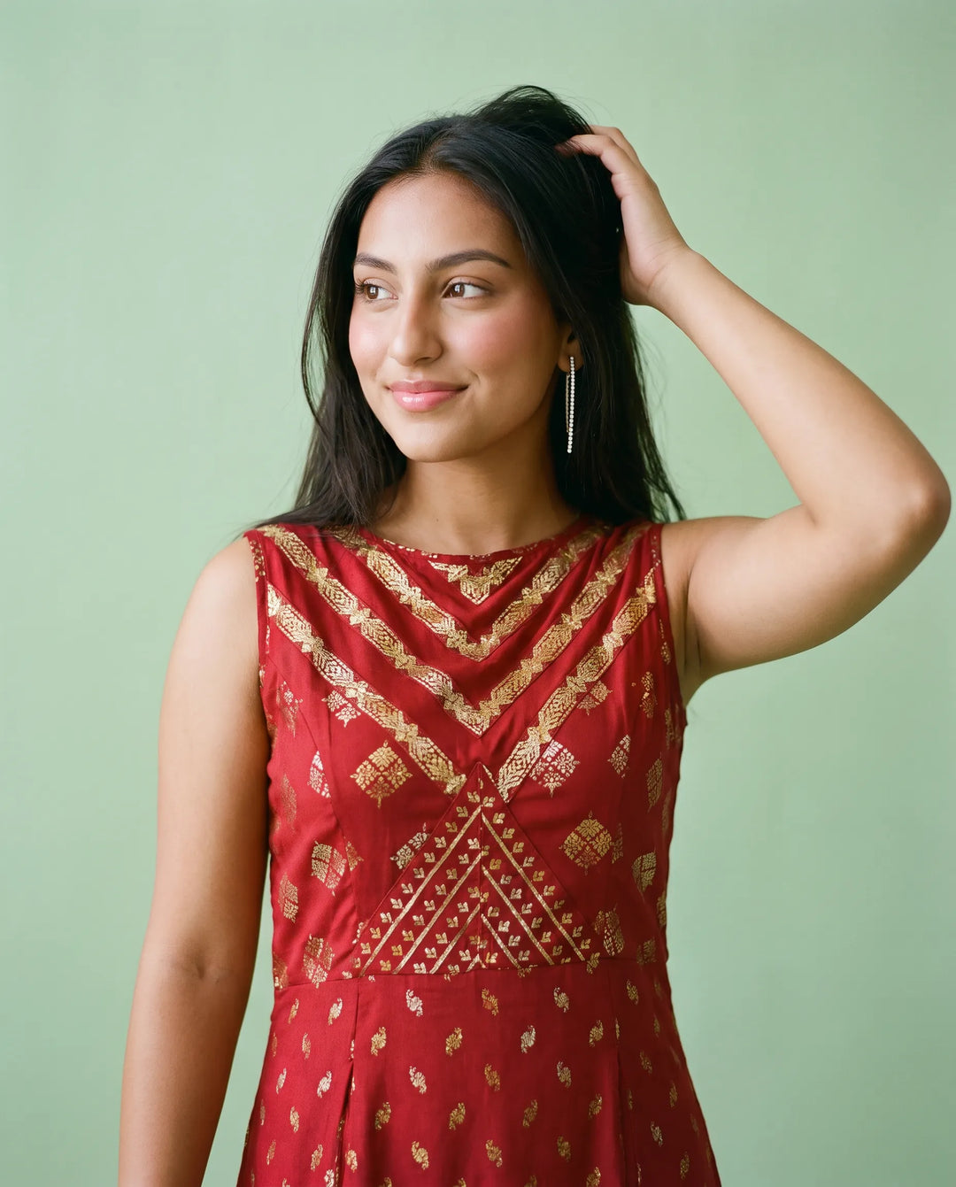 Maroon Printed Rayon Sleeveless Maxi Dress