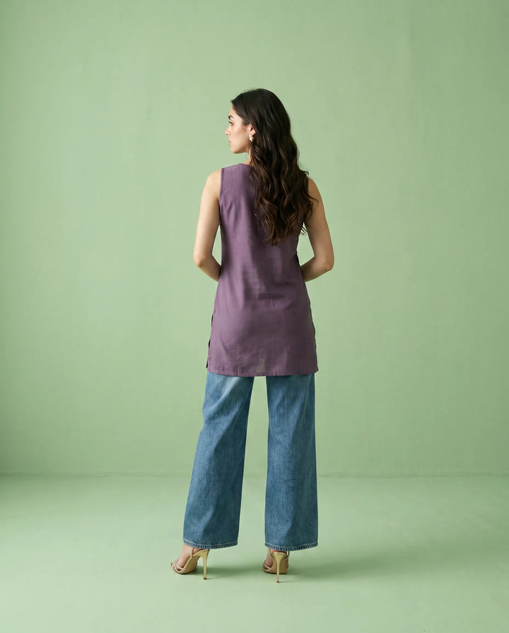 Purple Embroidered Cotton Blended Sleeveless Short Kurti