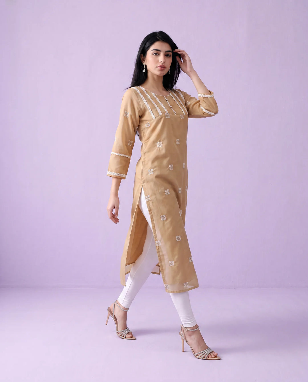 Beige Embroidered Viscose Blended Straight Cut Long Kurta