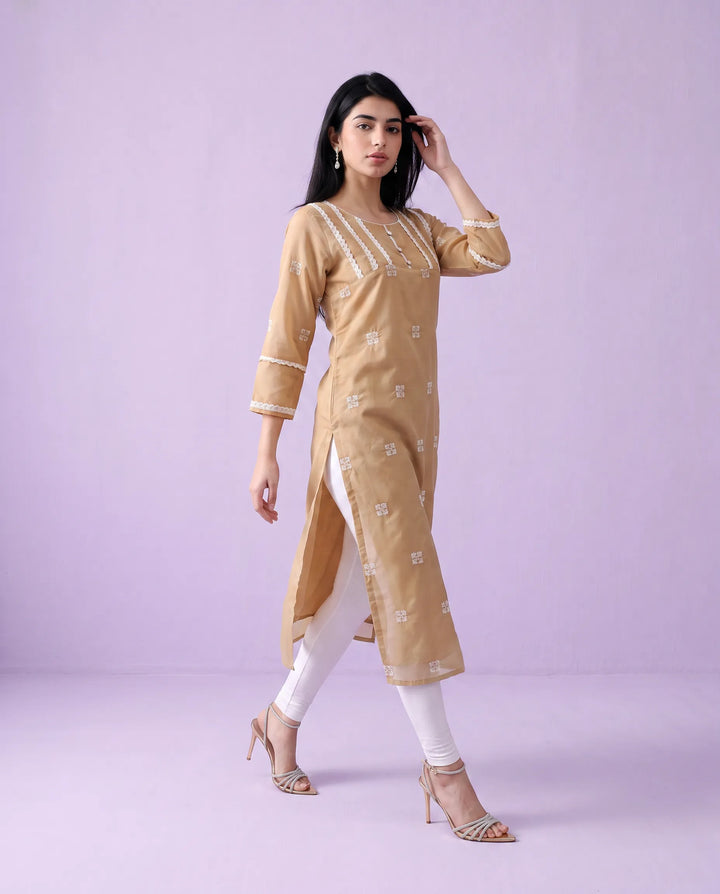 Beige Embroidered Viscose Blended Straight Cut Long Kurta