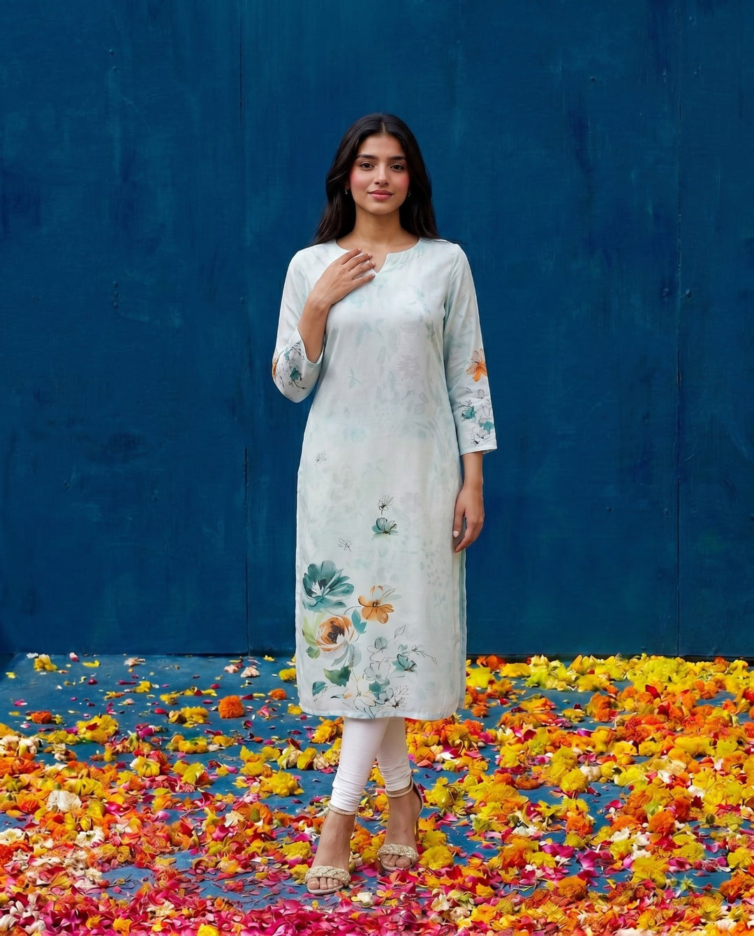 Blue Printed Crepe Silk Straight cut Long Kurta
