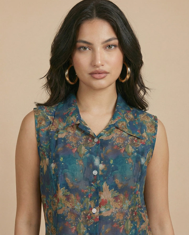 Blue Printed Viscose Blended Midi Dress