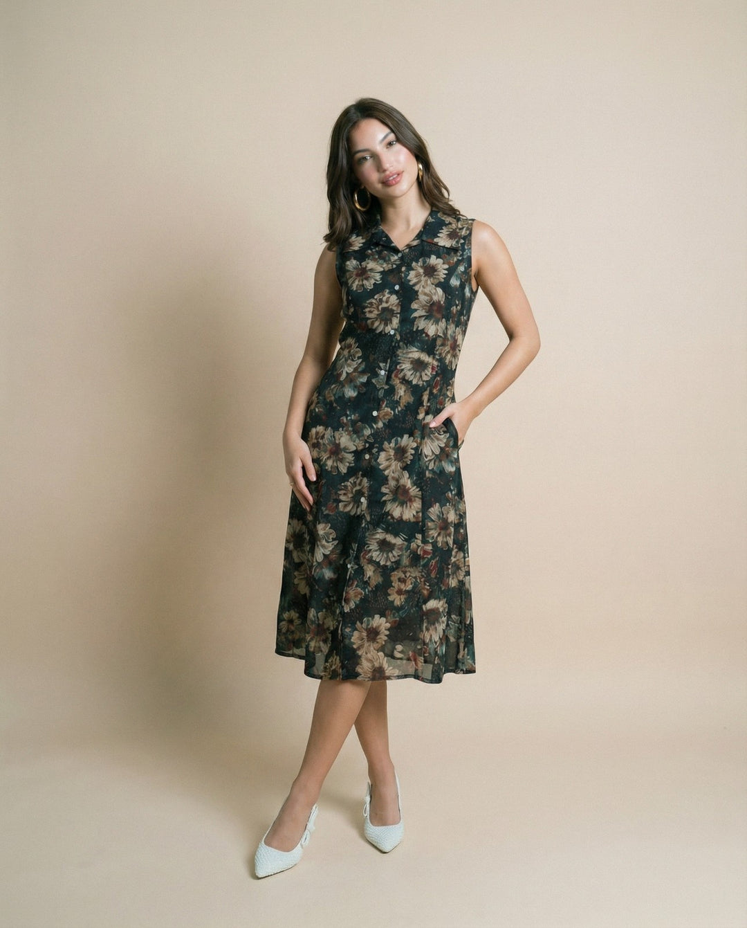 Forest Green Printed Viscose Blended Midi Dress