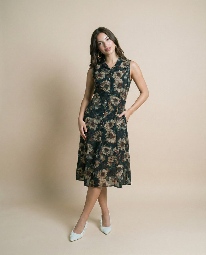 Forest Green Printed Viscose Blended Midi Dress