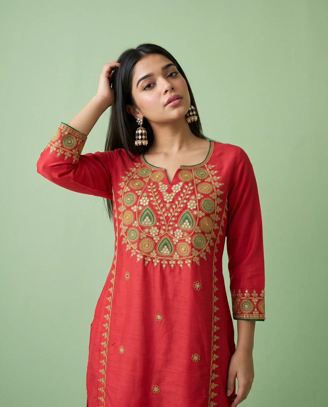 Red Embroidered Viscose Blended Straight cut Long Kurta