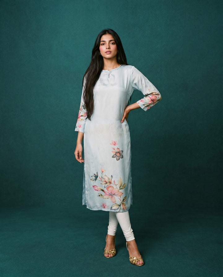 Grey Printed Crepe Silk Straight cut Long Kurta