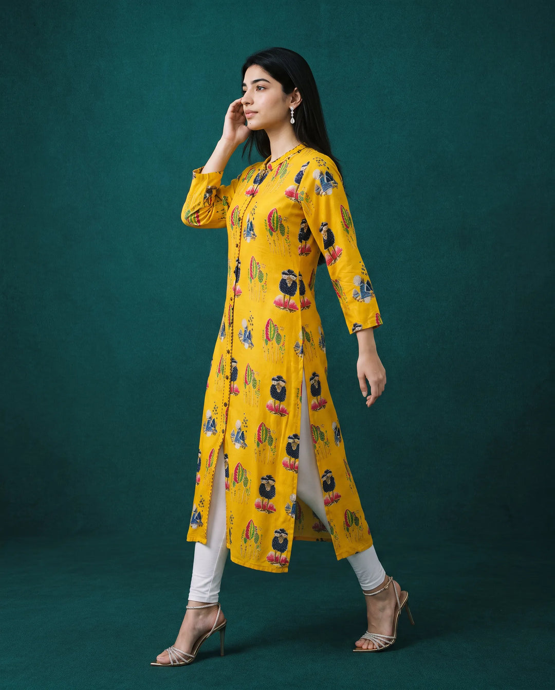 Yellow Printed Rayon Straight cut Long Kurta