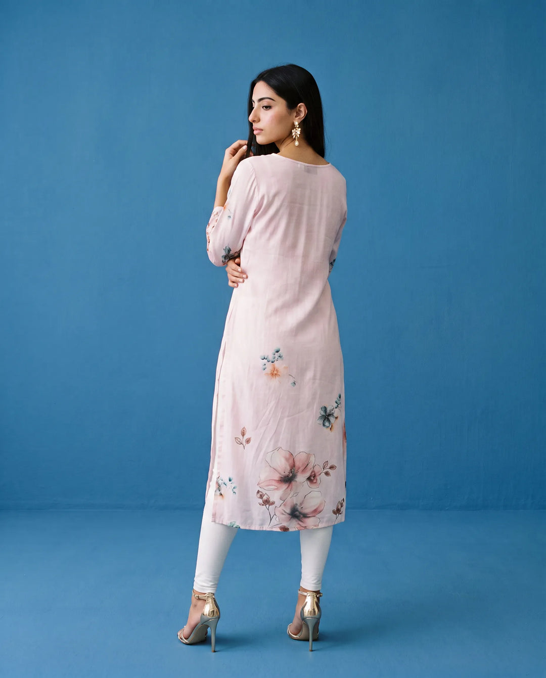 Pink Printed Crepe Silk Straight cut Long Kurta