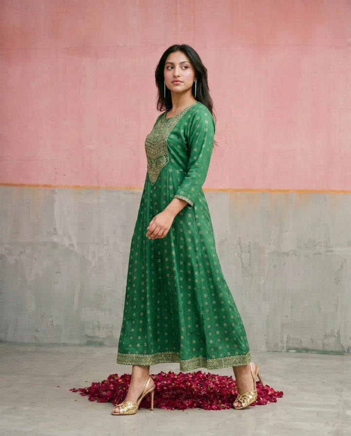 Green Embriodered Rayon Maxi Dress