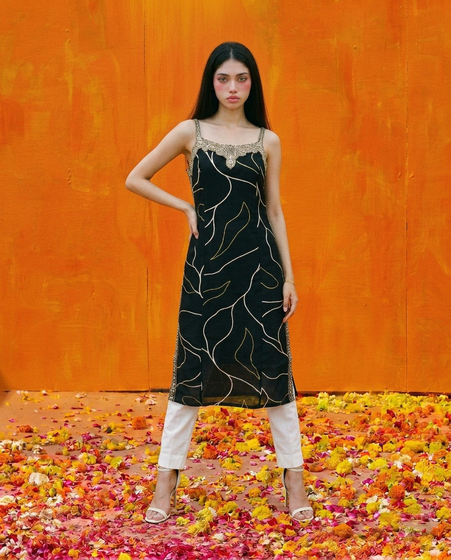 Black Embroidered Viscose Blended Spaghetti Strap Straight Cut Long Kurta