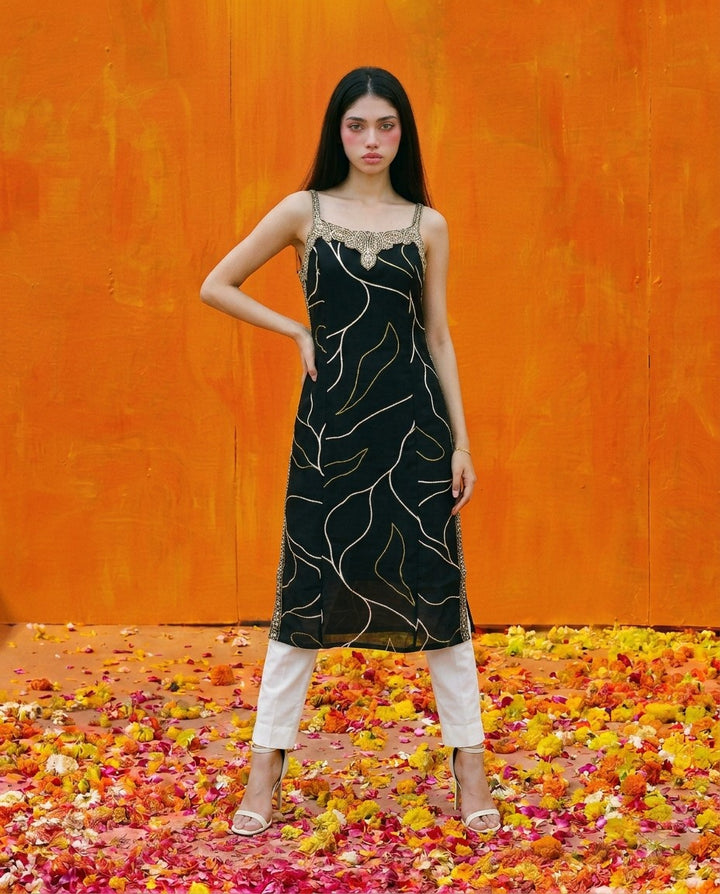 Black Embroidered Viscose Blended Spaghetti Strap Straight Cut Long Kurta