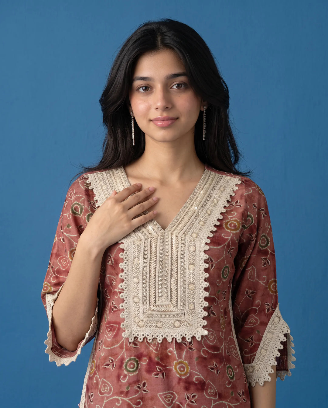 Brown Printed Viscose Blended Straight cut Long Kurta