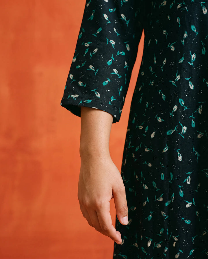 Black Printed Rayon Maxi Dress