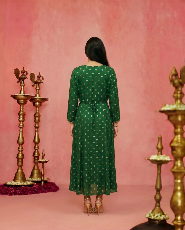Green Embriodered Rayon Maxi Dress