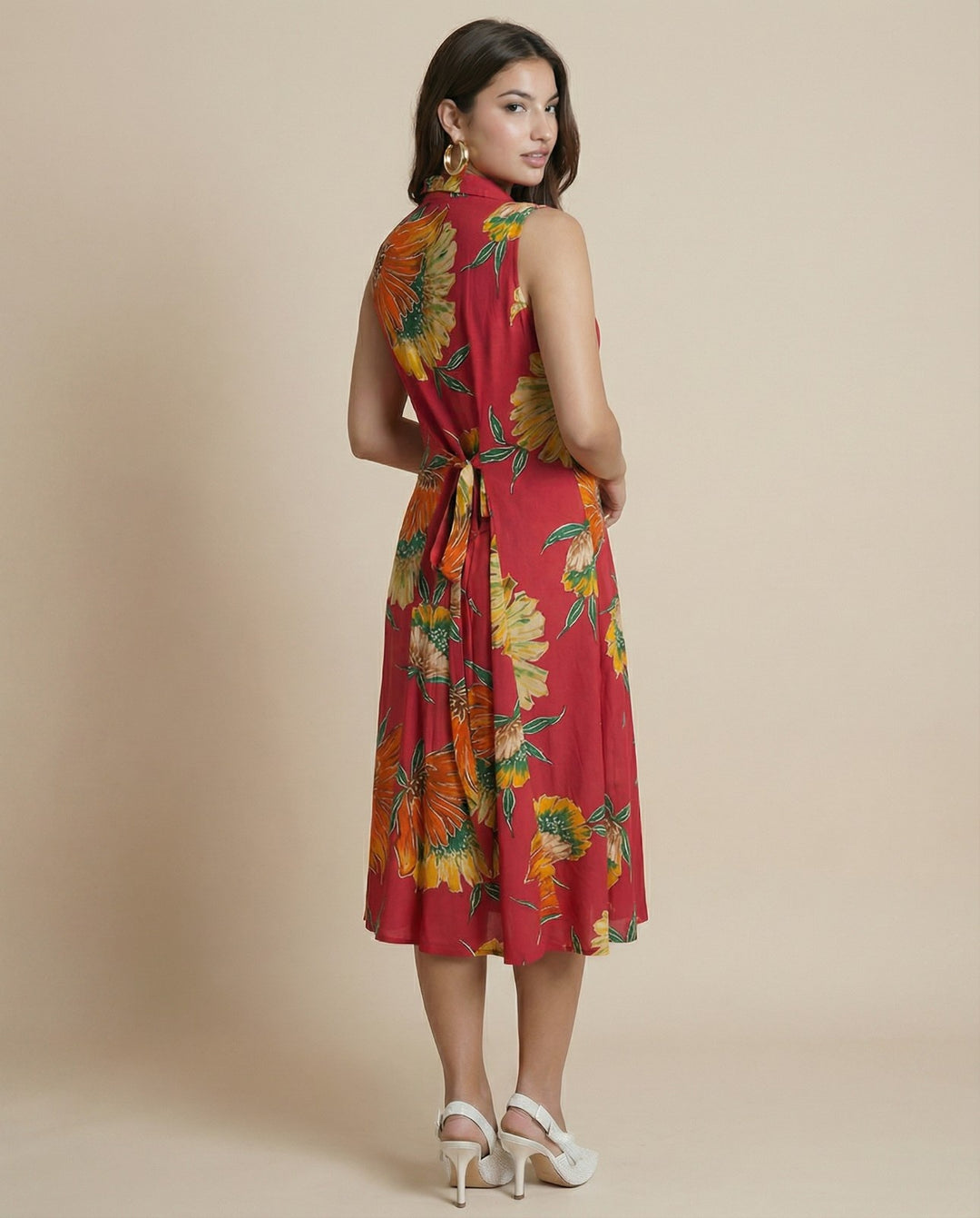 Red Printed Viscose Blended Midi Dress
