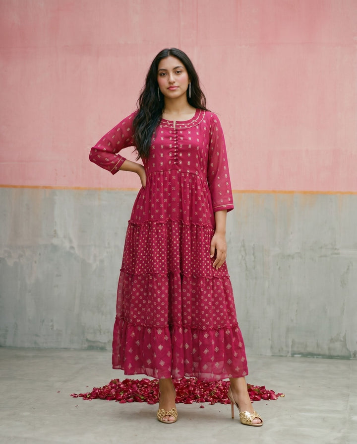 Pink Printed Georgette Maxi Dress