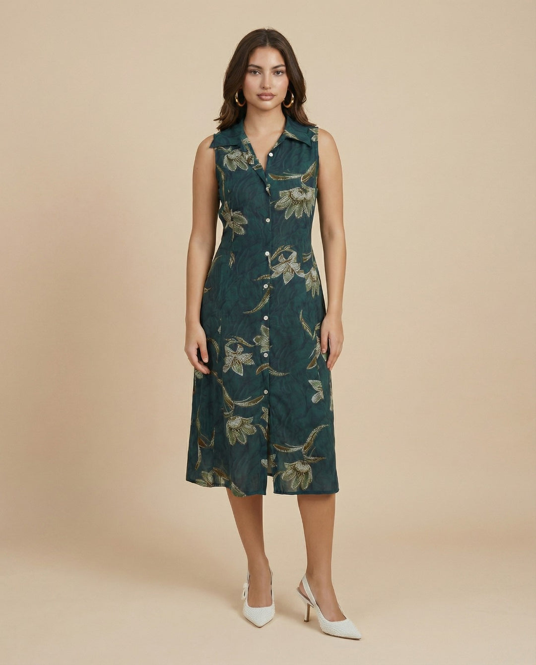 Green Printed Rayon Midi Dress