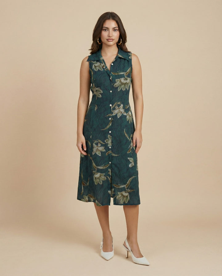 Green Printed Rayon Midi Dress