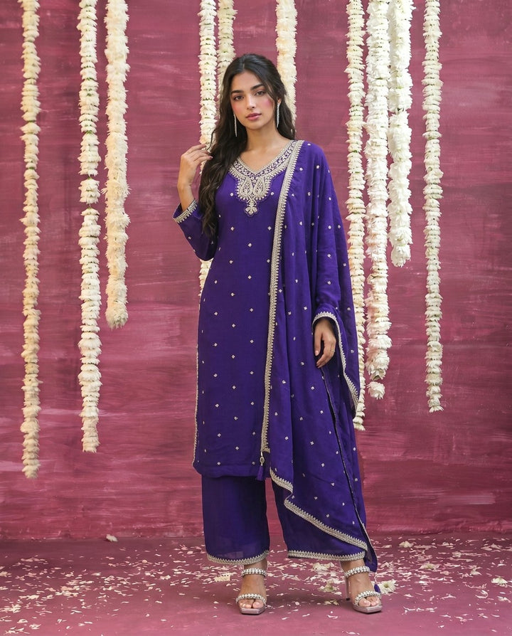 Purple Embriodered Silk Blended Kurta Bottom Dupatta Set